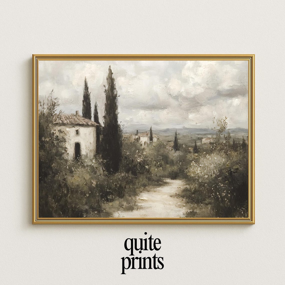 Tuscan Countryside Poster Cypress Villa Path Neutral Landscape Art