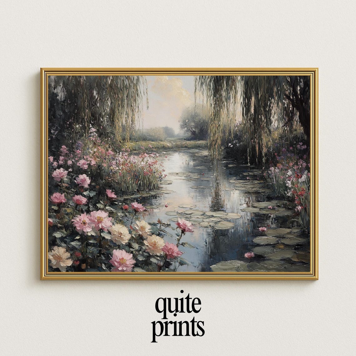 Water Lily Pond Weeping Willows Pink White Blooms Floral Poster