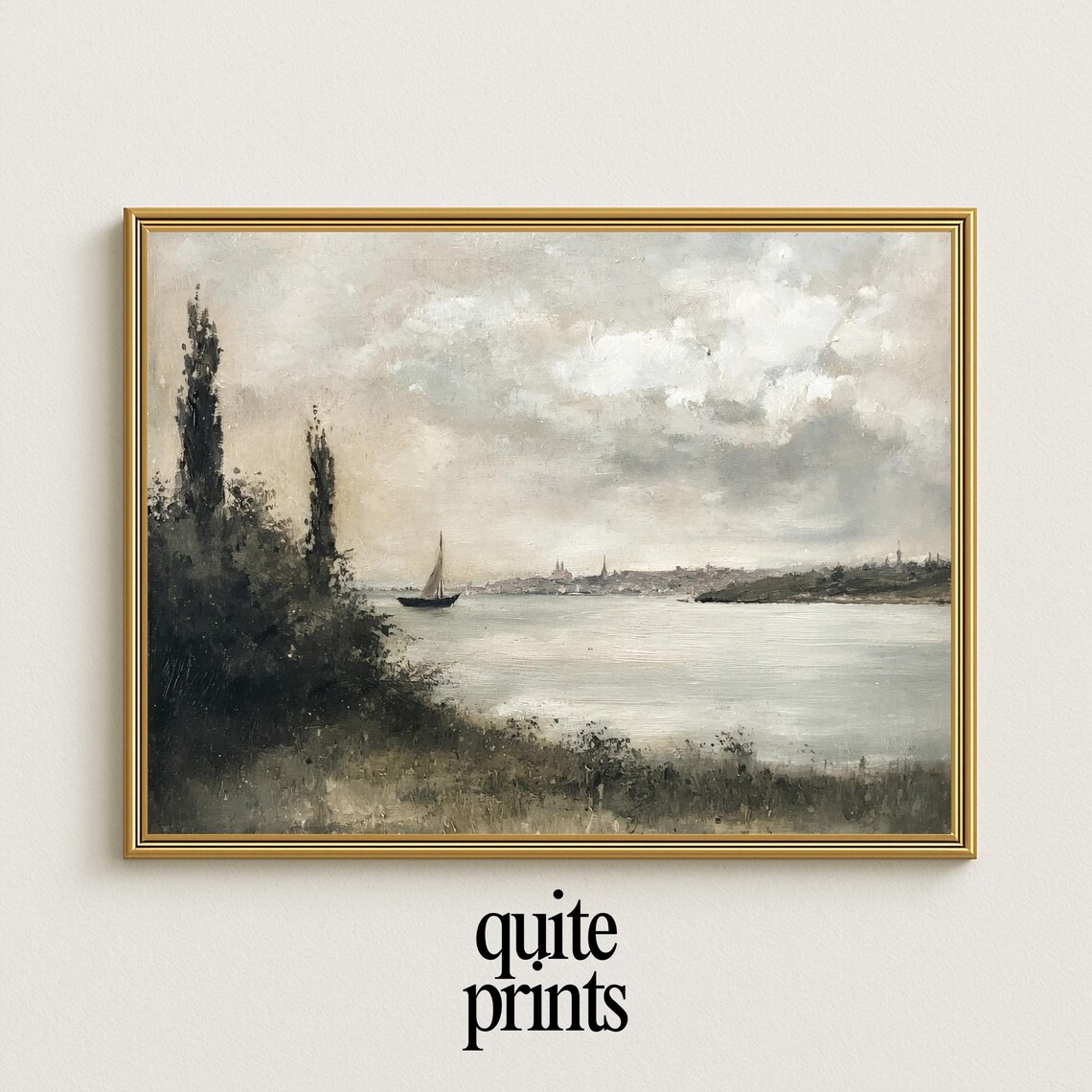 Vintage Riverside Painting Sailboat Distant City Skyline Trees Poster