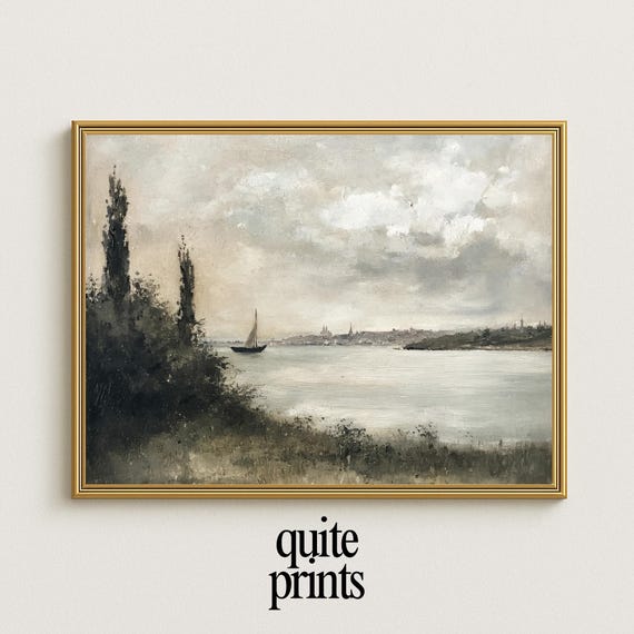 Vintage Serene Riverside Landscape Print Soft Tones Minimal Watercolor Lake Scene Wall Art Neutral Painting