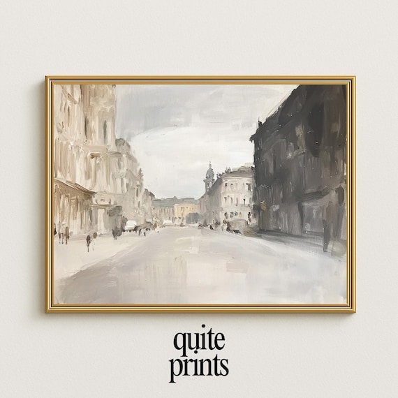 Vintage European Street Painting Impressionist Old Town City Scene Poster