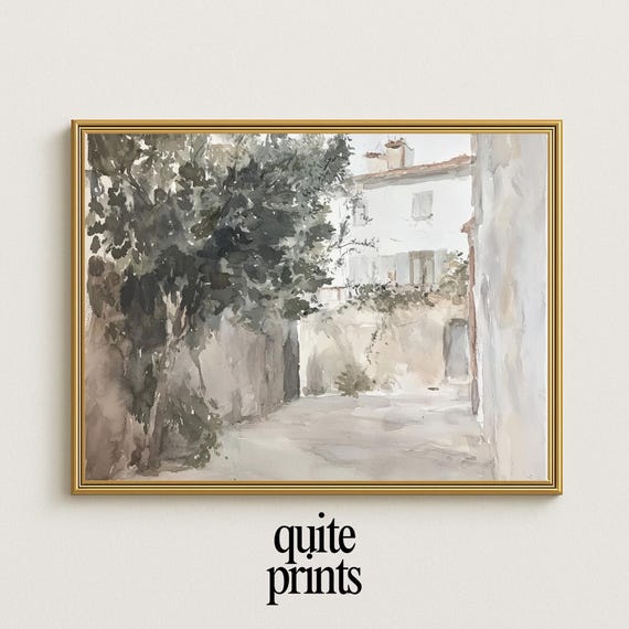 Soft Mediterranean Wall Decor Gift Rustic Neutral Alleyway Painting Muted Tonal Watercolor Minimalist Village Print