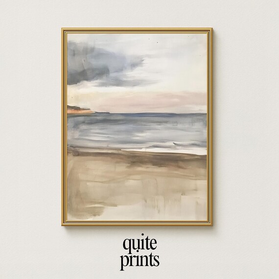 Minimal Gray Seascape Soft Waves Beige Shore Cloudy Sky Abstract Neutral Coastal Wall Art