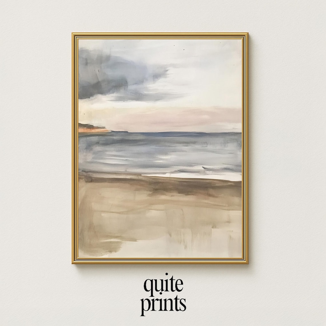 Minimal Gray Seascape Soft Waves Beige Shore Cloudy Sky Abstract Neutral Coastal Wall Art