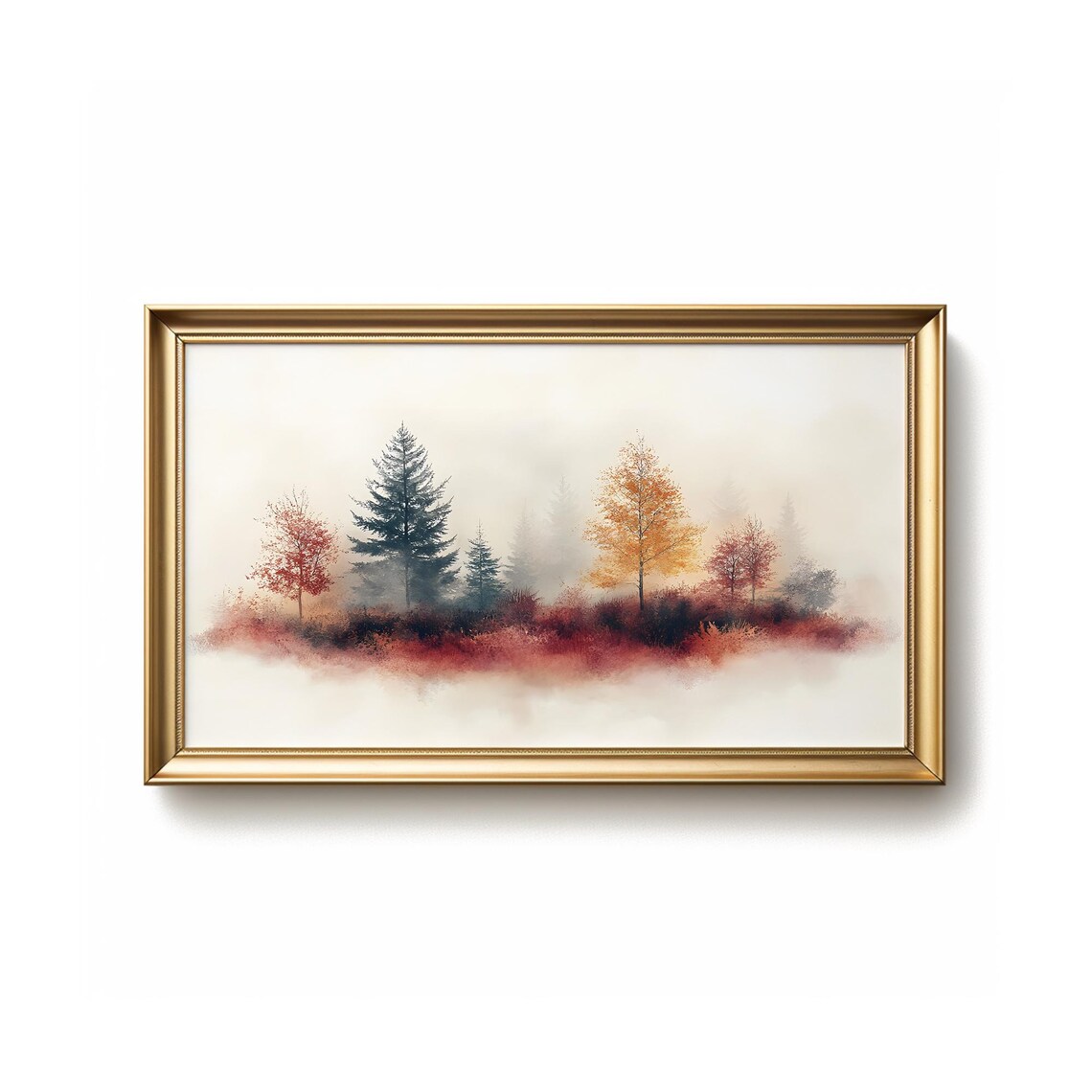 Misty Autumn Treeline Watercolor Foggy Red Gold Forest Landscape Poster