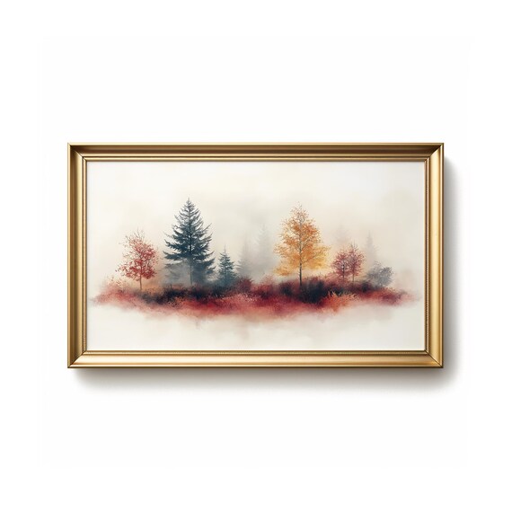 Misty Autumn Treeline Watercolor Foggy Red Gold Forest Landscape Poster