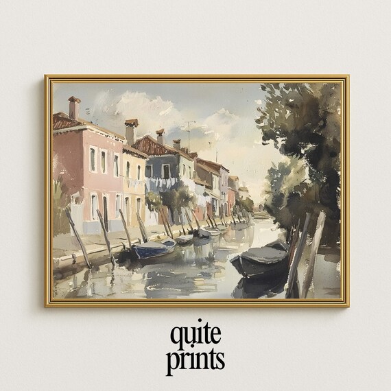 Venice Canal Colorful Houses Moored Boats Watercolor Italian Cityscape Painting Wall Art