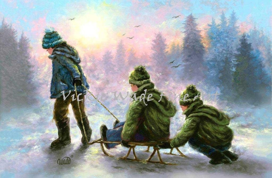 Three Boys Sledding Through a Snowy Pine Forest at Sunset Poster