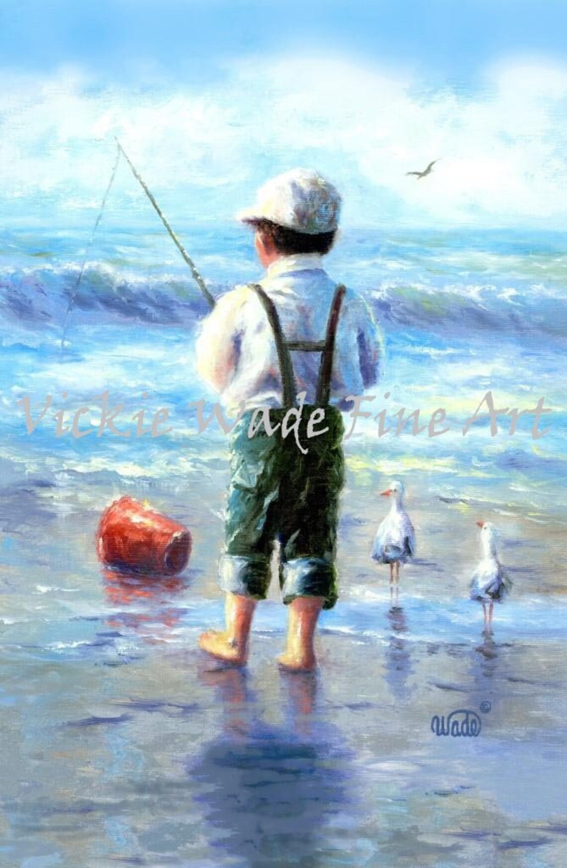 Little Boy in Cap and Suspenders Fishing at the Shoreline Poster