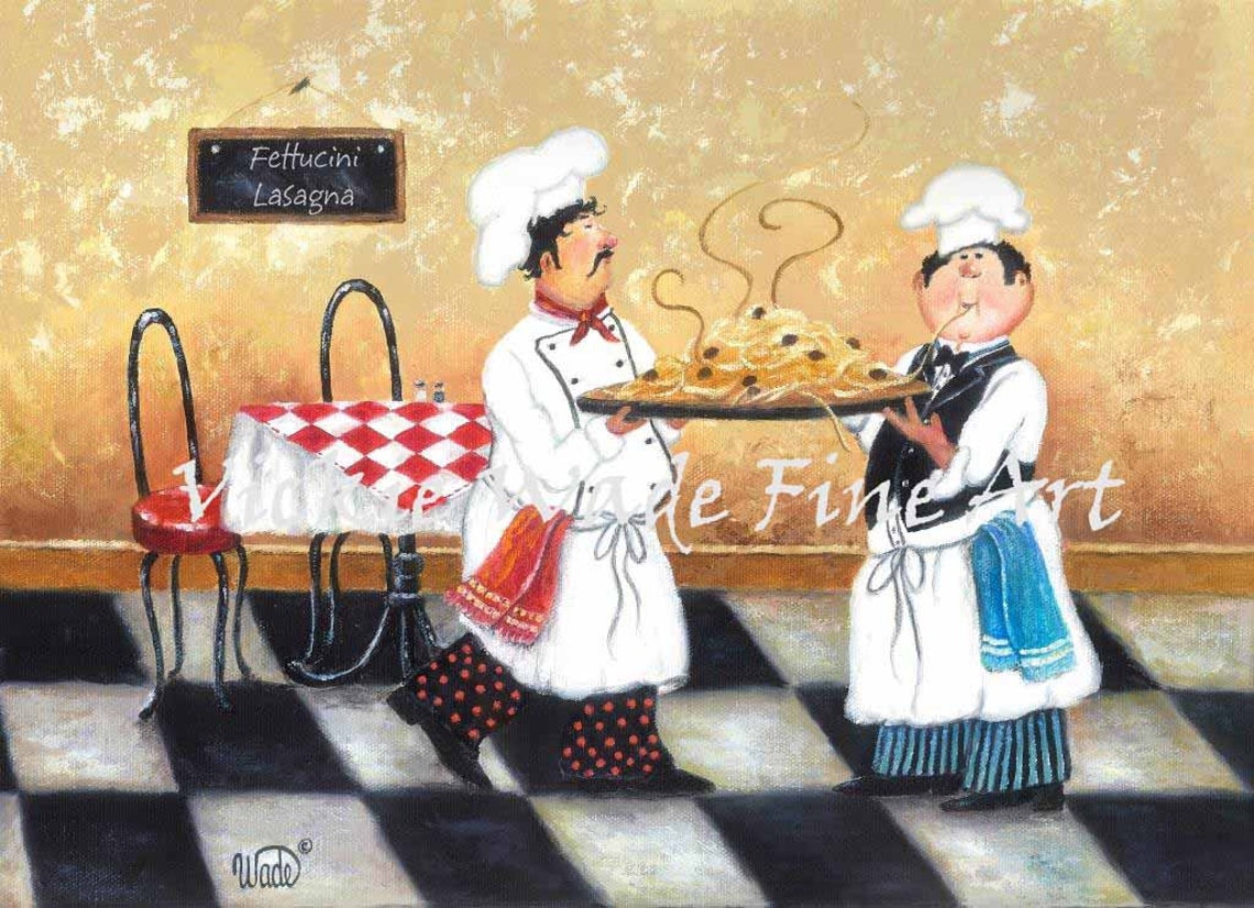 Two Jolly Fat Chefs Serving a Giant Platter of Spaghetti Poster