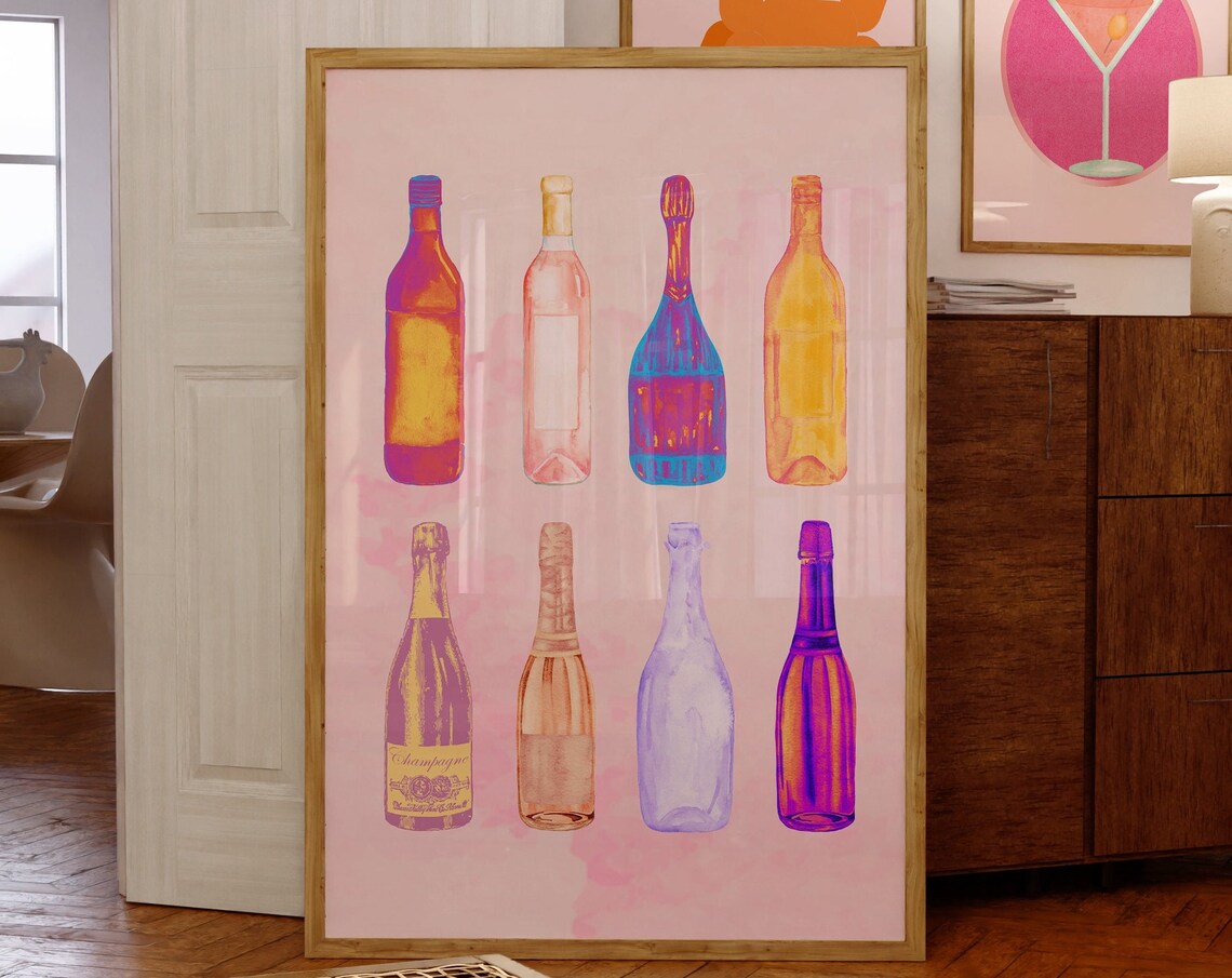Colorful Watercolor Champagne Bottles Pink Trendy Bar Cart Poster