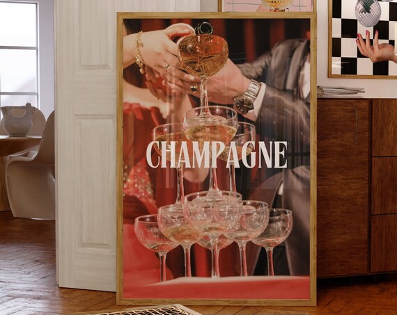 Retro Champagne Tower Posteraesthetic Girly Bar Cart Artpreppy Posterschampagne Posterswine Bottle Cute Girly Posterchampagne Wall Art