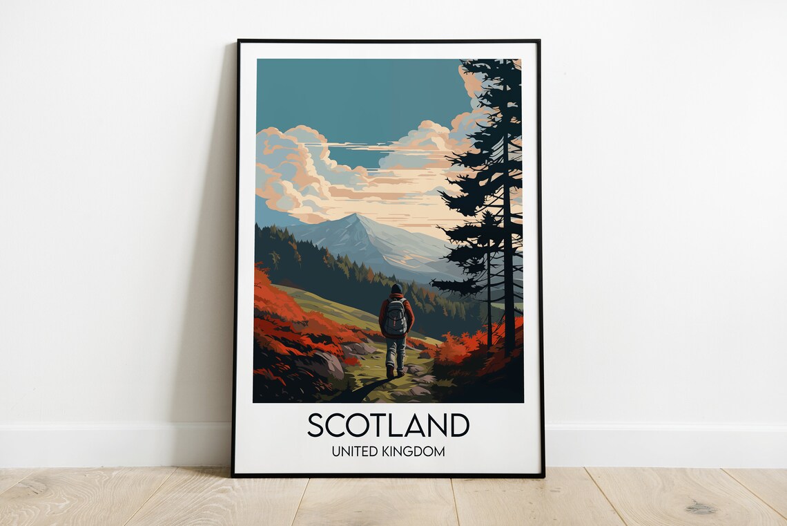 Scotland United Kingdom Travel Poster Hiker Mountain Autumn Trail View