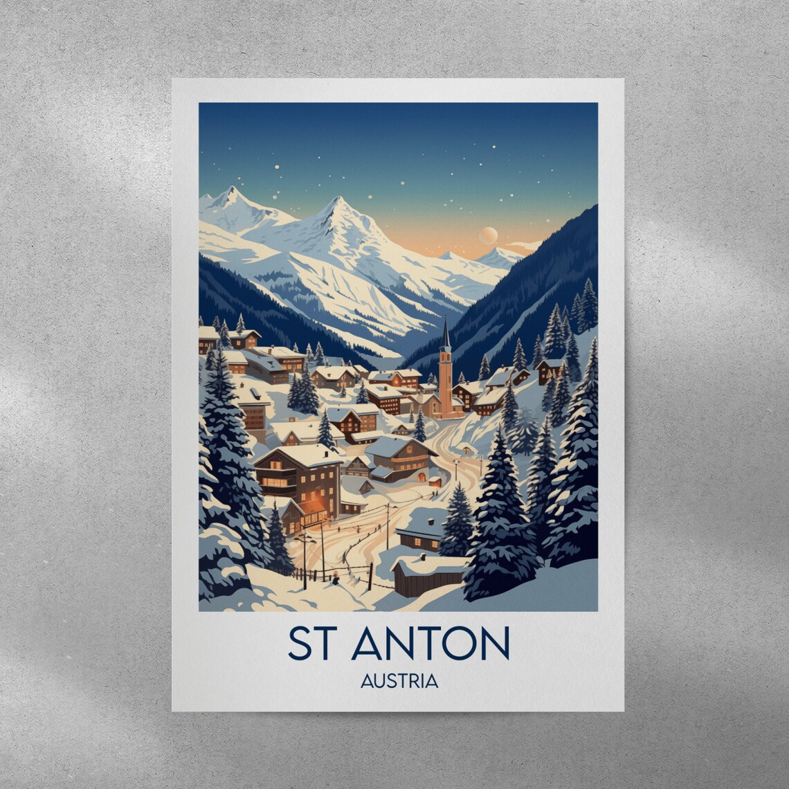 St Anton Austria Alpine Ski Village Twilight Vintage Travel Poster - Image 5