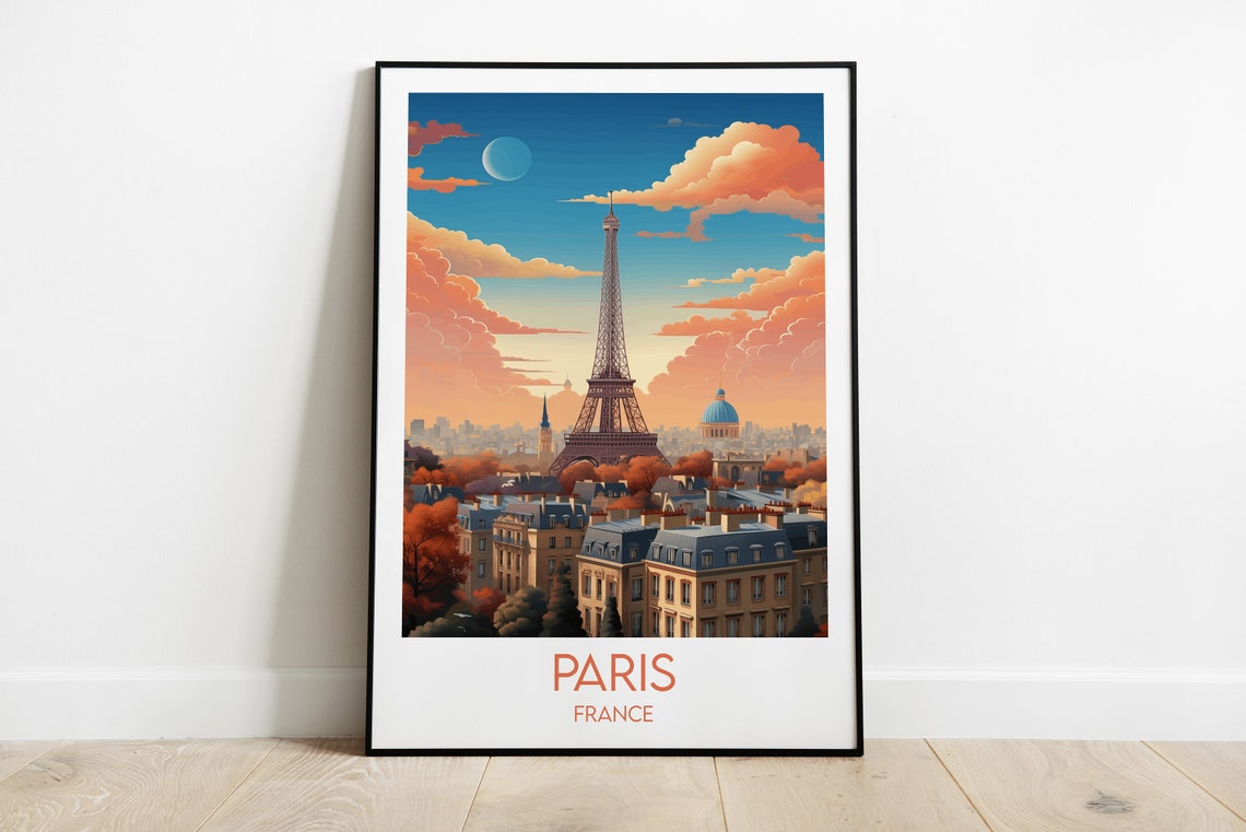Paris France Eiffel Tower Autumn Sunset Rooftops Travel Poster