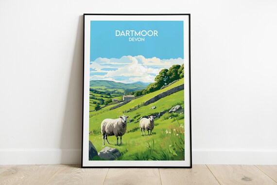 Dartmoor Devon Sheep Pasture Stone Walls Vintage Travel Poster