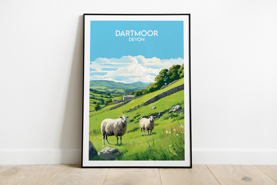 Dartmoor Devon Sheep Pasture Stone Walls Vintage Travel Poster