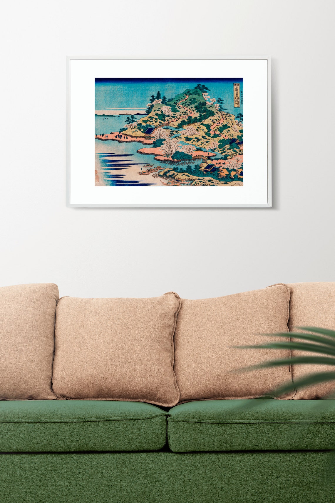 Vintage Japanese Coastal Landscape Cherry Blossoms Woodblock Print - Image 2