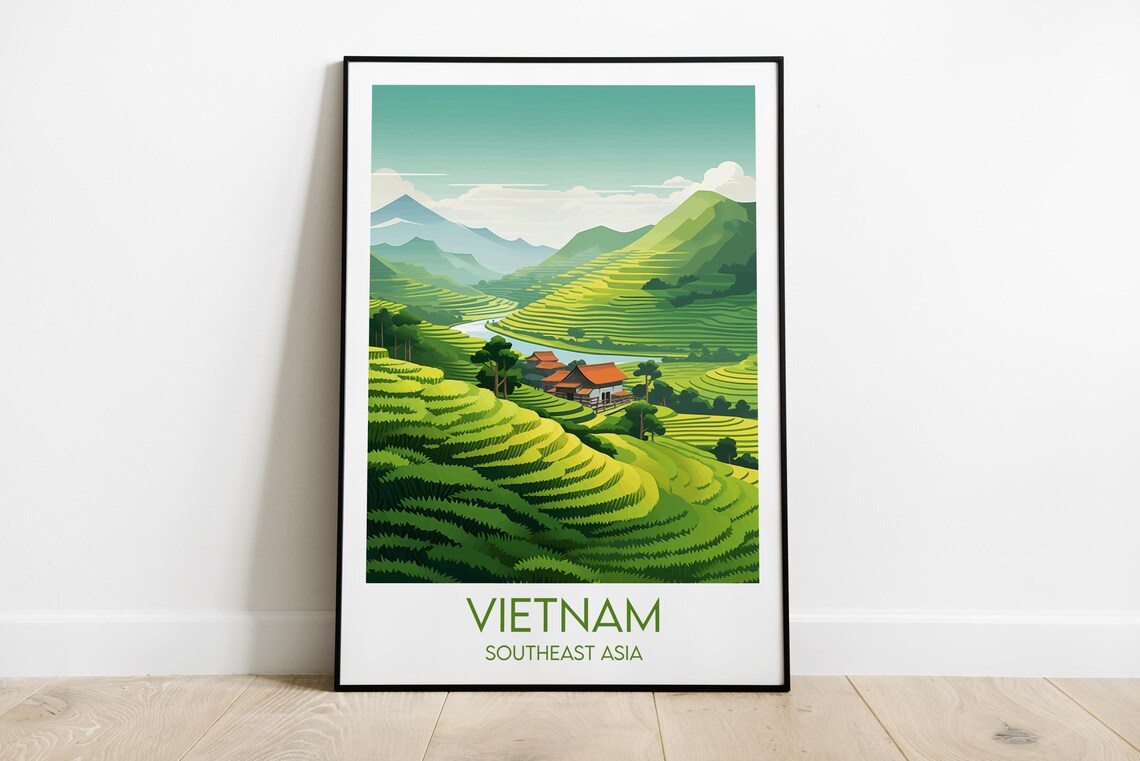 Vietnam Emerald Green Rice Terraces Mountain Village Travel Poster