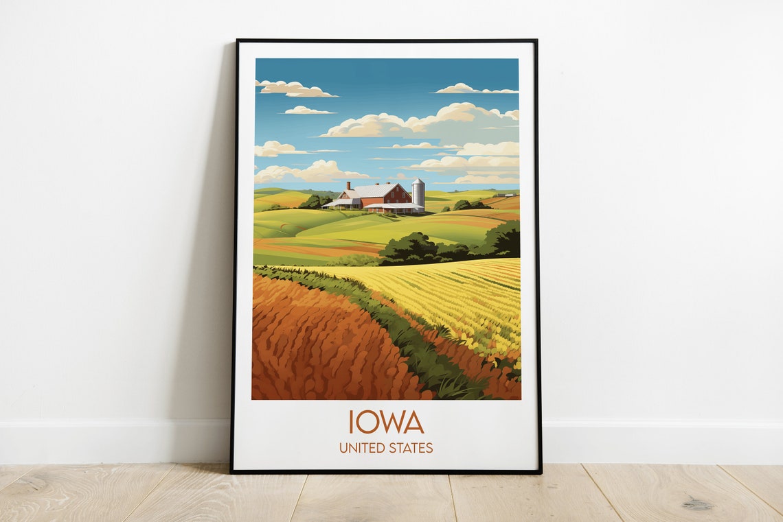 Iowa United States Farm Barn Rolling Fields Retro Travel Poster
