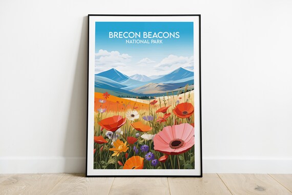 Brecon Beacons National Park Poppy Meadow Mountains Vintage Travel Poster