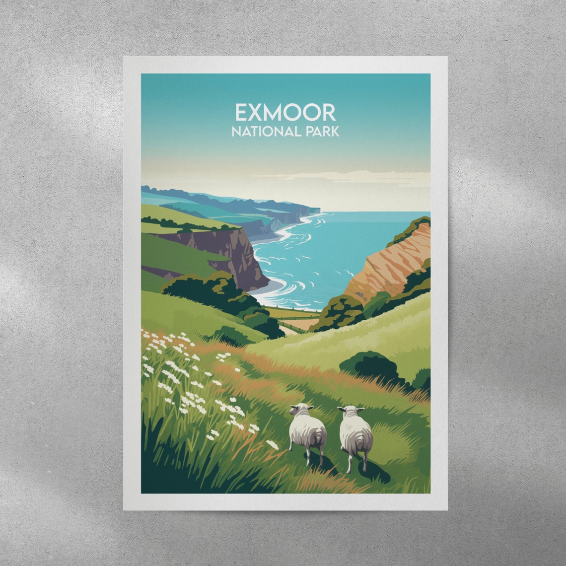Exmoor National Park Coastal Cliffs and Sheep Meadow Travel Poster - Image 2