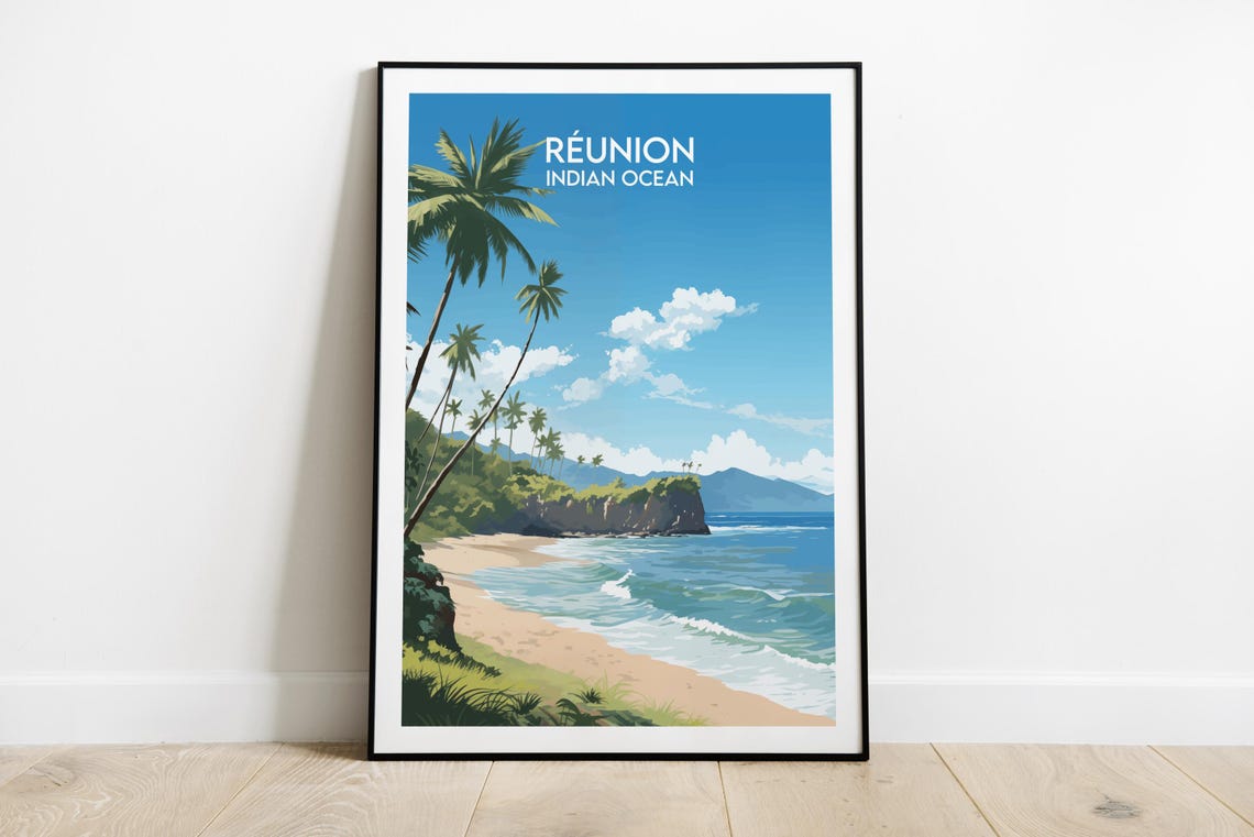 Reunion Indian Ocean Daytime Beach Palms Headland Scenic Travel Poster
