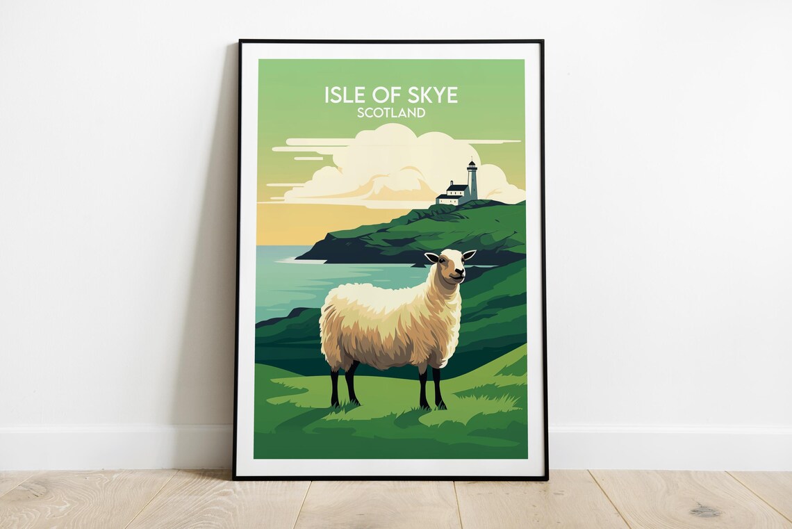 Isle Of Skye Scotland Sheep And Lighthouse Coastal Travel Poster