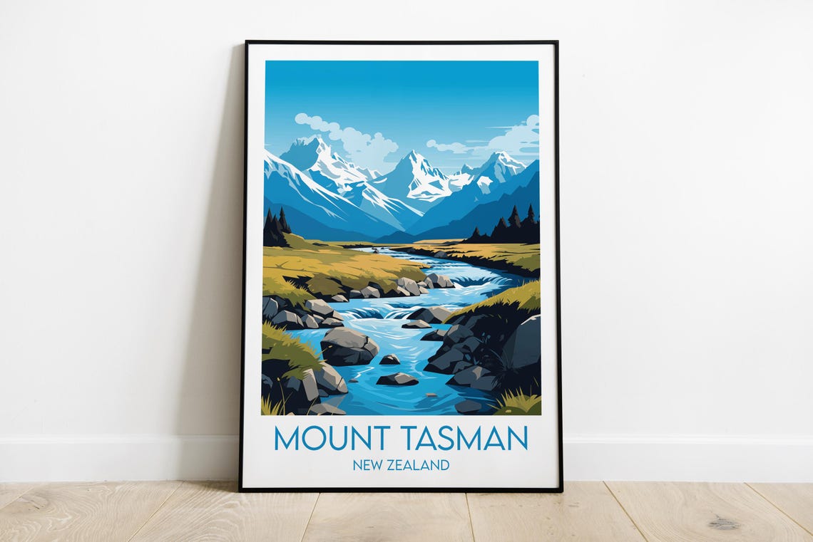 Mount Tasman New Zealand Mountain River Valley Travel Poster