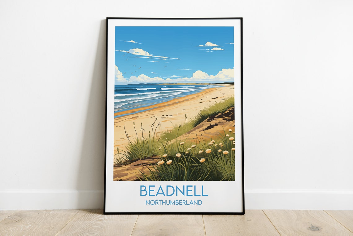 Beadnell Northumberland Beach Dunes and Waves Retro Travel Poster