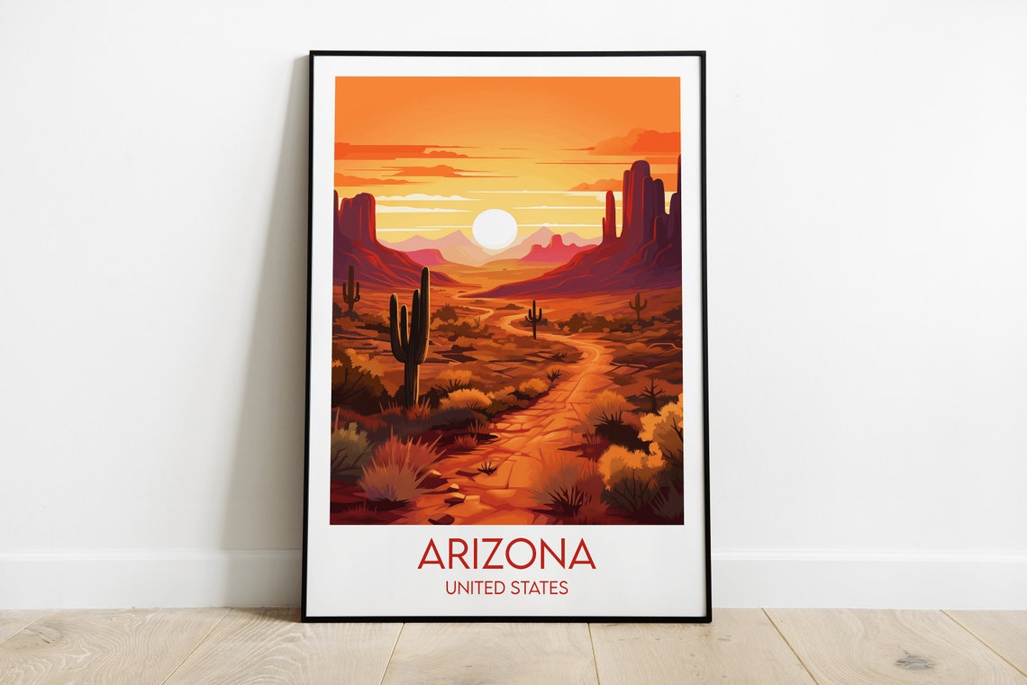 Arizona United States Desert Trail Sunset Mesas Retro Travel Poster