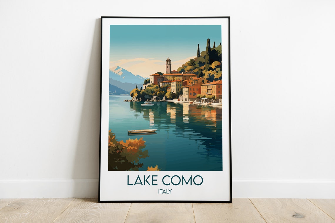 Lake Como Italy Lakeside Village Mountain Water Travel Scene Poster