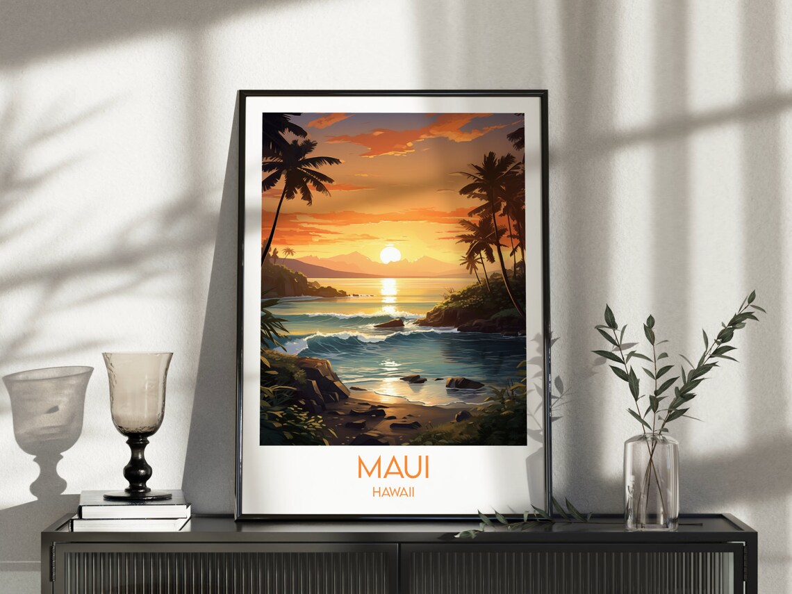 Maui Hawaii Golden Beach Sunset Palm Trees Tropical Travel Poster - Image 4