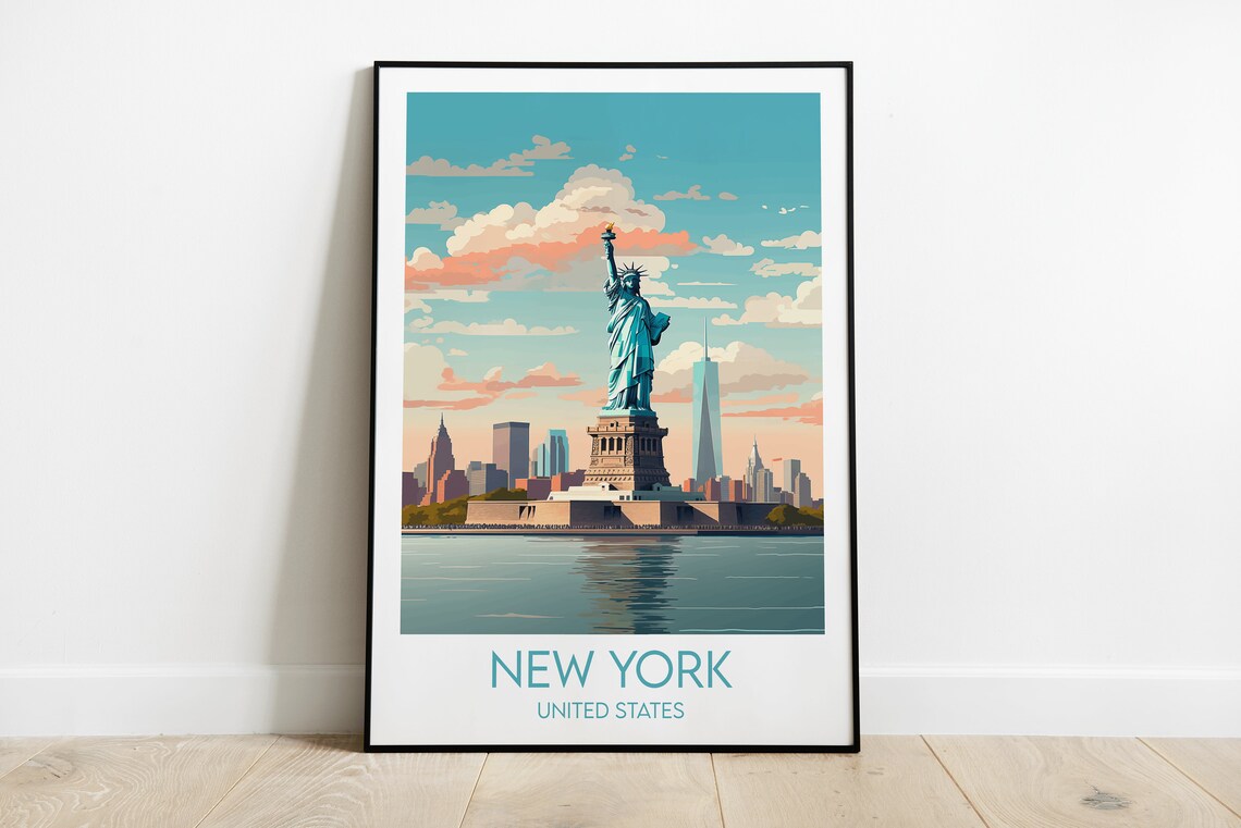 New York Statue of Liberty Skyline Harbor Daytime Travel Poster