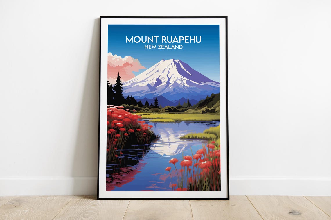 Mount Ruapehu New Zealand Snowy Volcano Lake Reflection Poster