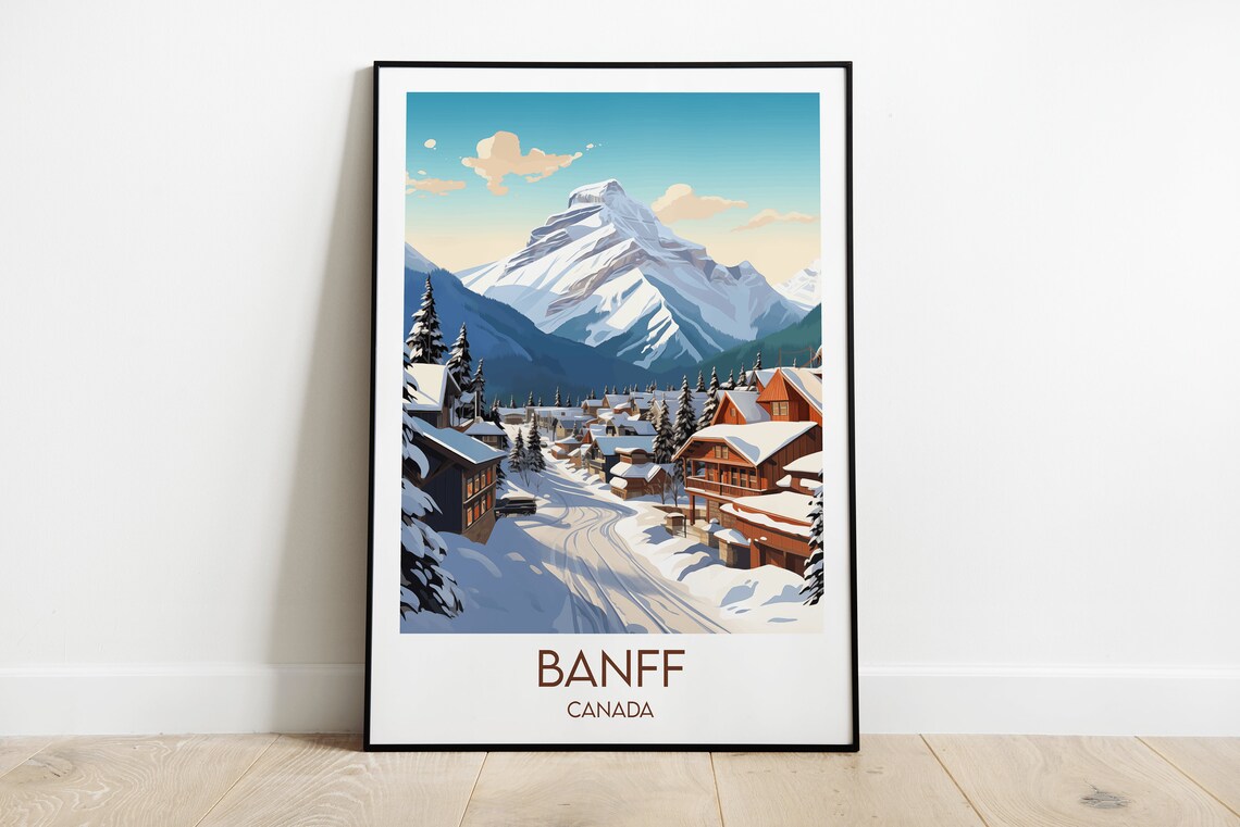 Banff Canada Snowy Mountain Village Retro Illustrated Travel Poster