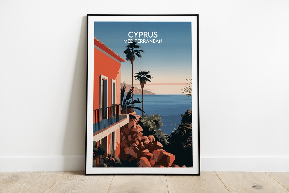 Cyprus Mediterranean Villa Seaside Sunset Palm Silhouette Poster