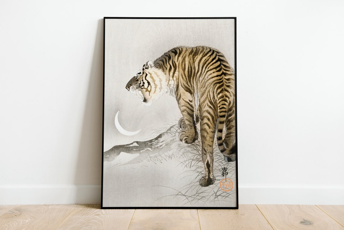 Vintage Japanese Tiger Crescent Moon Minimal Wildlife Art Print