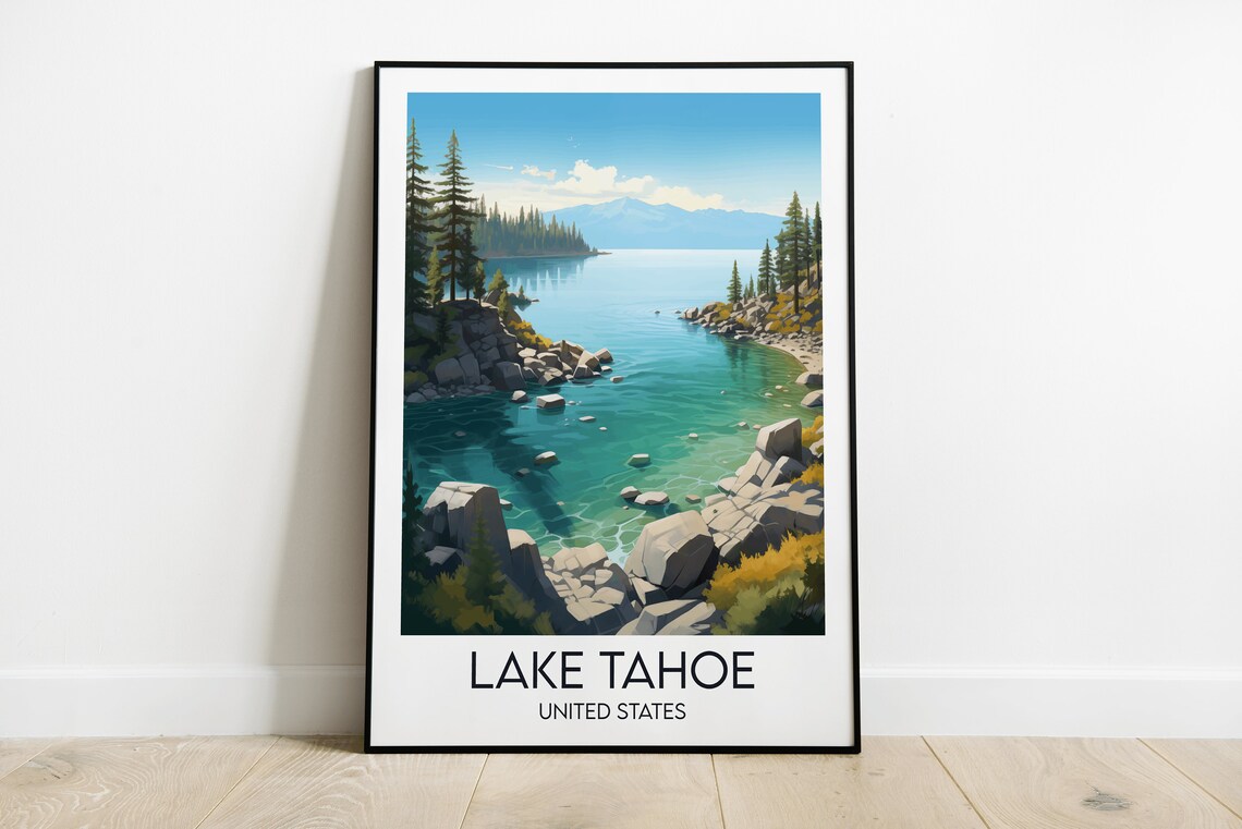 Lake Tahoe Turquoise Rocky Shoreline Scenic Vintage Travel Poster