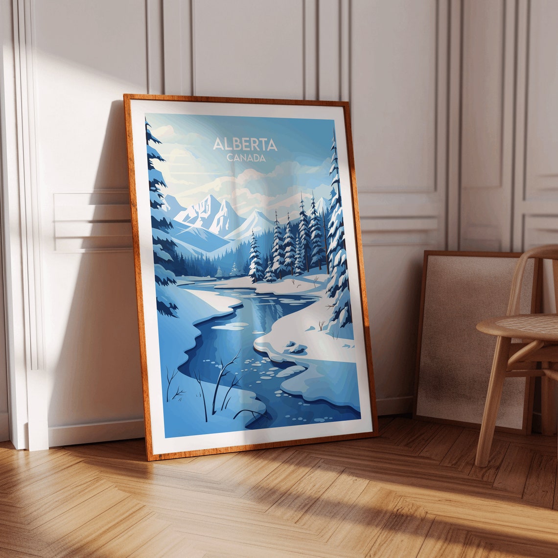 Alberta Canada Snowy Mountains and River Winter Travel Poster - Image 2