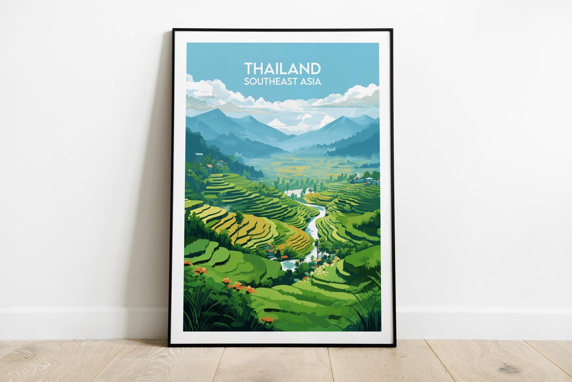 Thailand Rice Terraces Southeast Asia Mountains Vintage Travel Poster