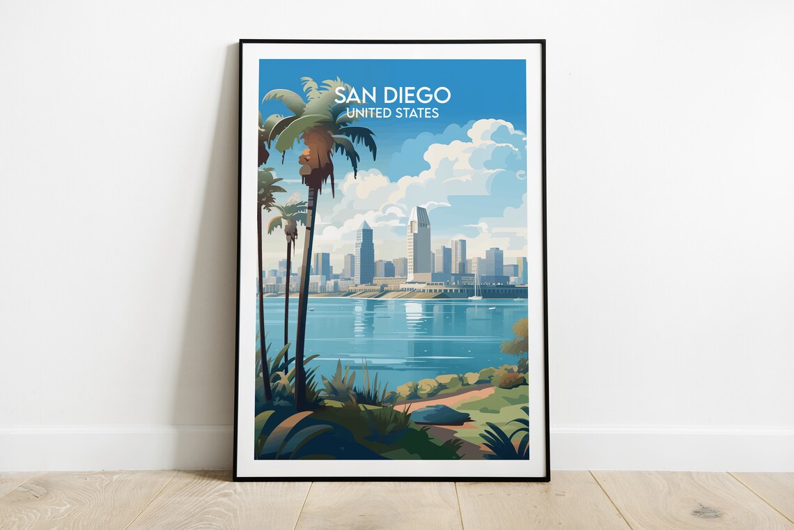 San Diego United States Skyline Bay Palm Trees Vintage Travel Poster