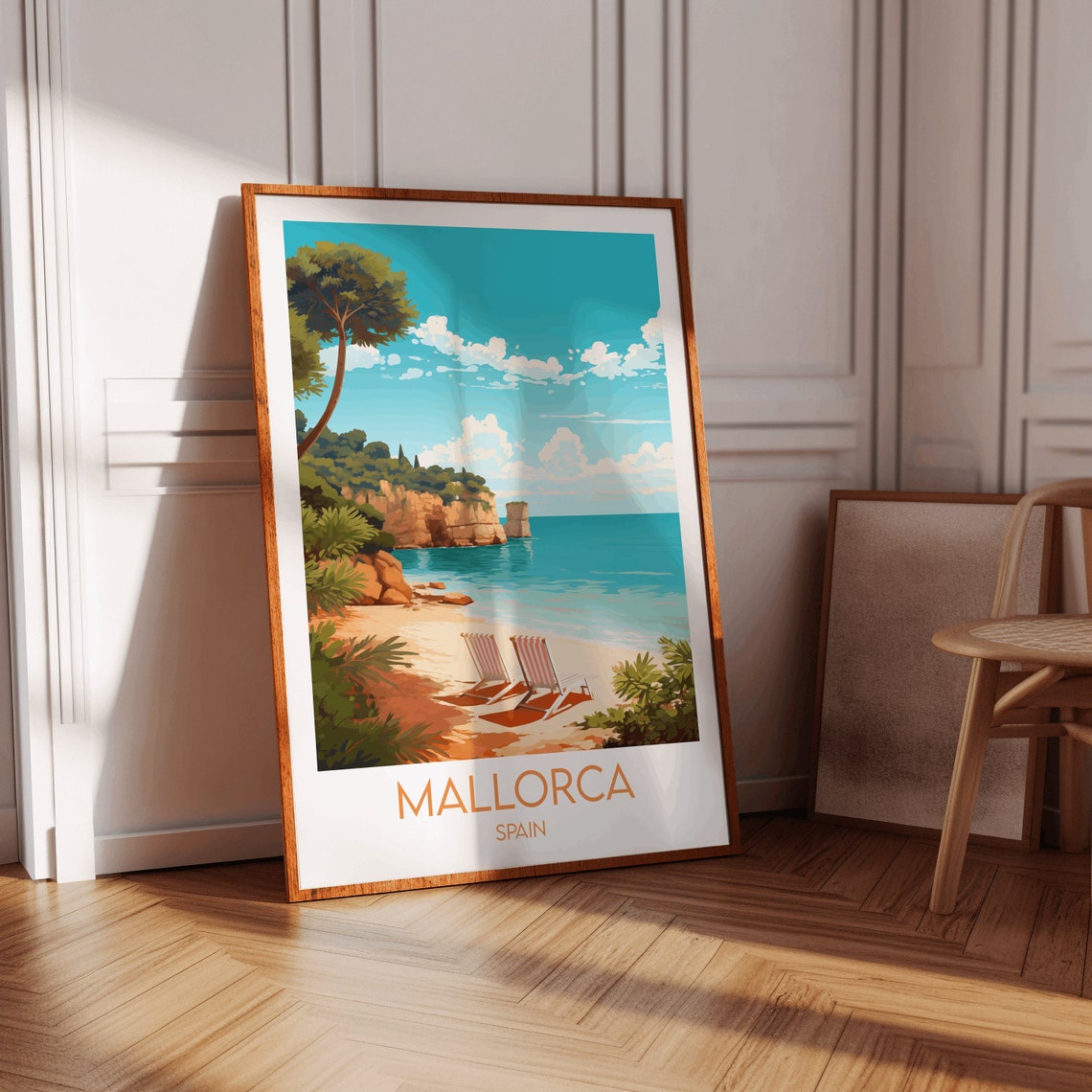 Mallorca Spain Sunlit Beach Deck Chairs Seaside Travel Art Poster - Image 4