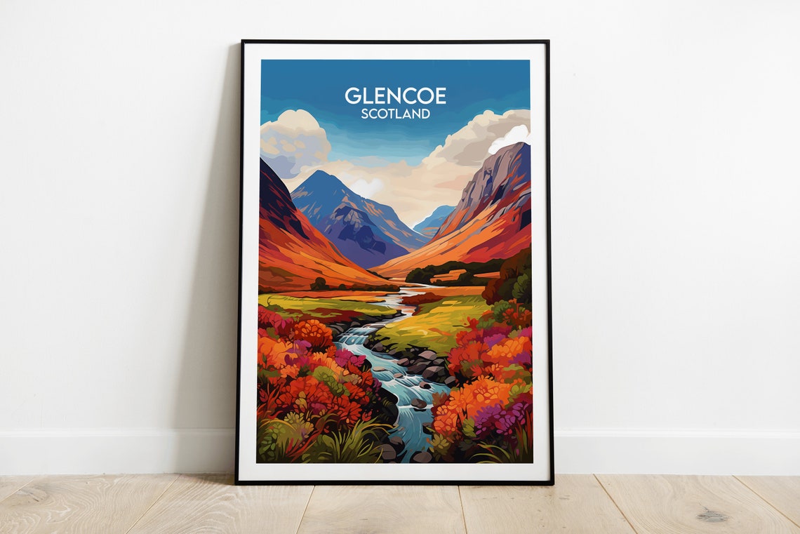 Glencoe Scotland Vibrant Sunset Mountain River Travel Poster