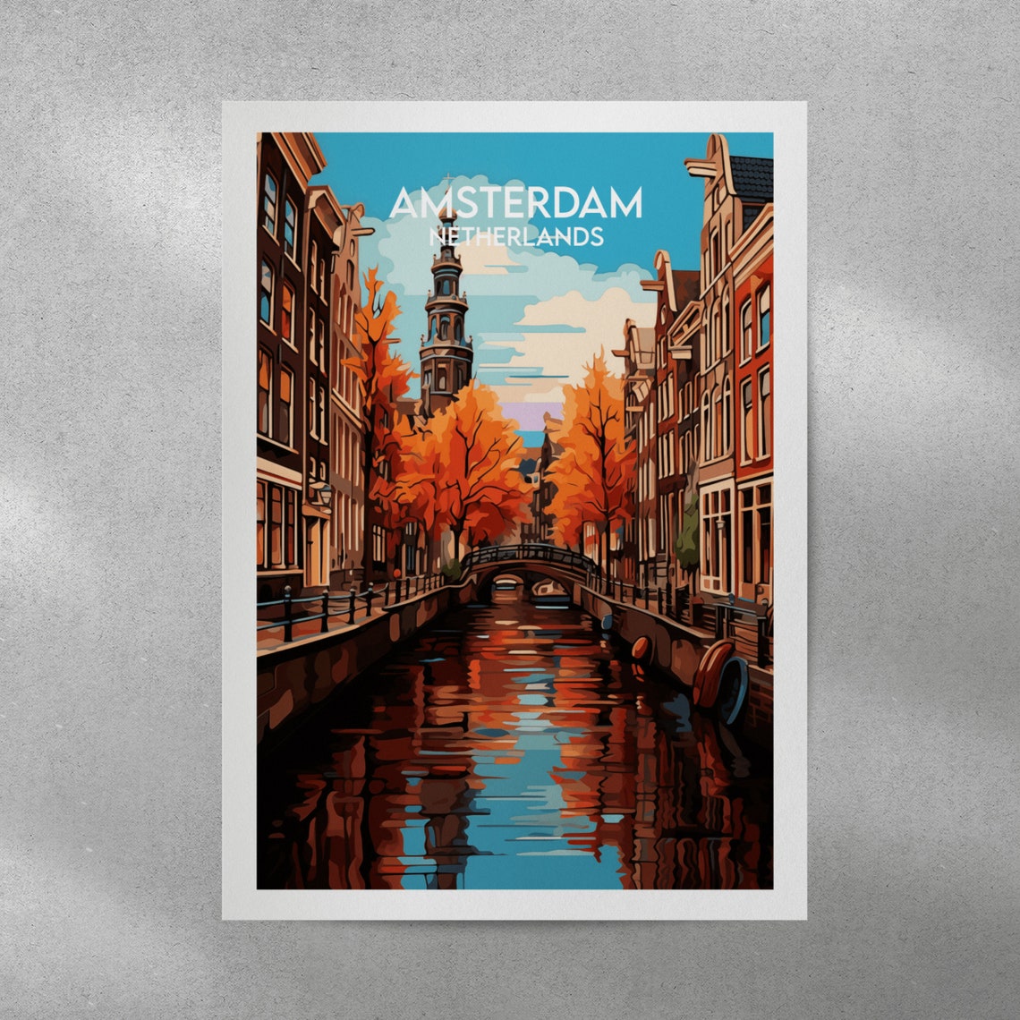 Amsterdam Netherlands Autumn Canal Church Tower Daylight Travel Poster - Image 3