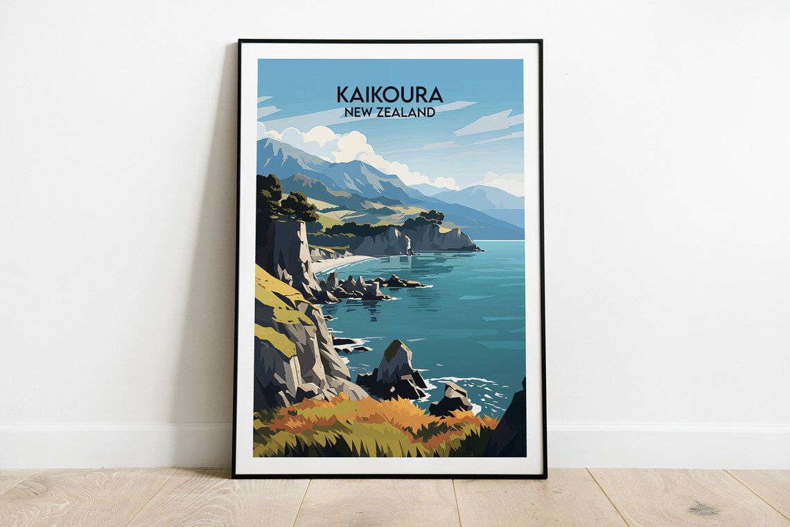 Kaikoura New Zealand Rocky Cove Ocean Scenic Retro Travel Poster