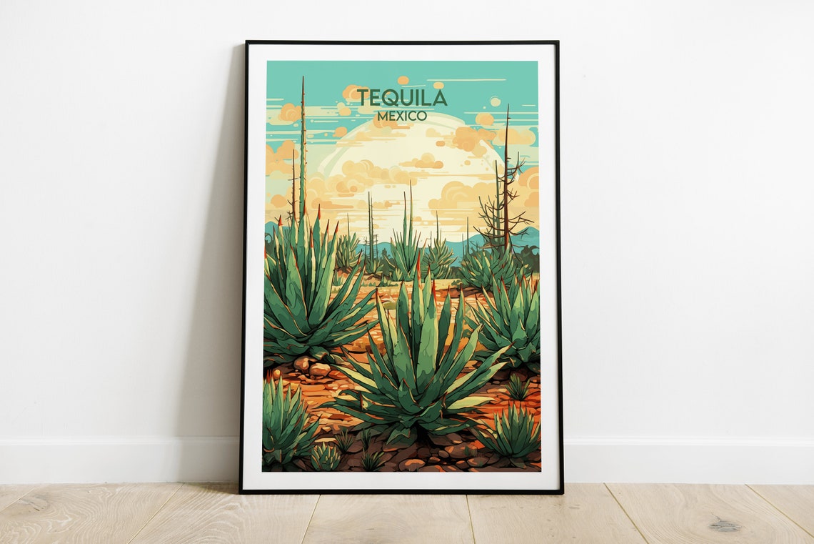 Tequila Mexico Retro Travel Art Print with Agave Plants Desert Scene