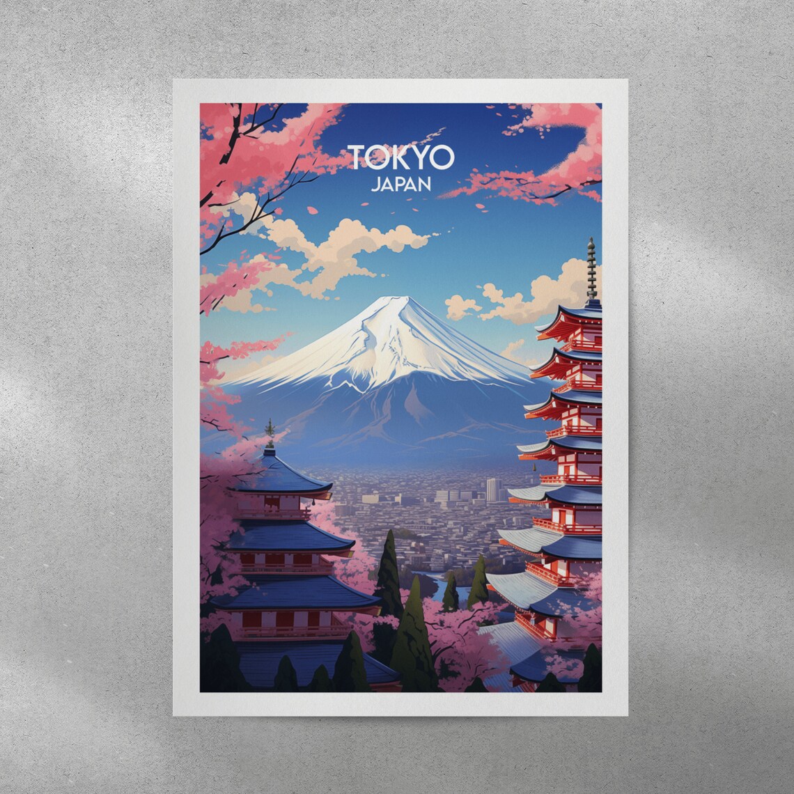 Tokyo Japan Vintage Cherry Blossom Mount Fuji Pagoda Travel Poster - Image 4