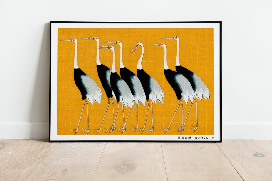 Japanese Golden Crowned Crane Vintage White Border Art Poster