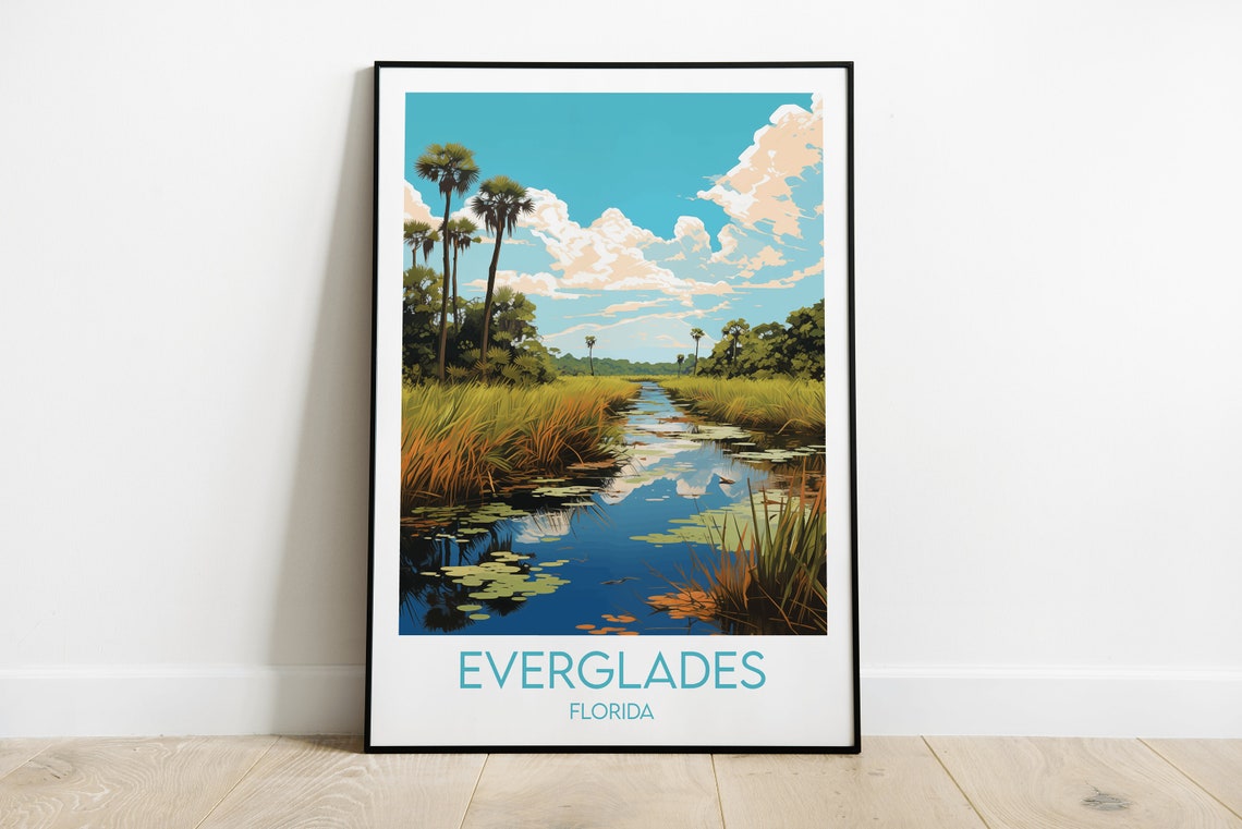 Everglades Florida Wetland River Palm Trees Sunrise Travel Poster